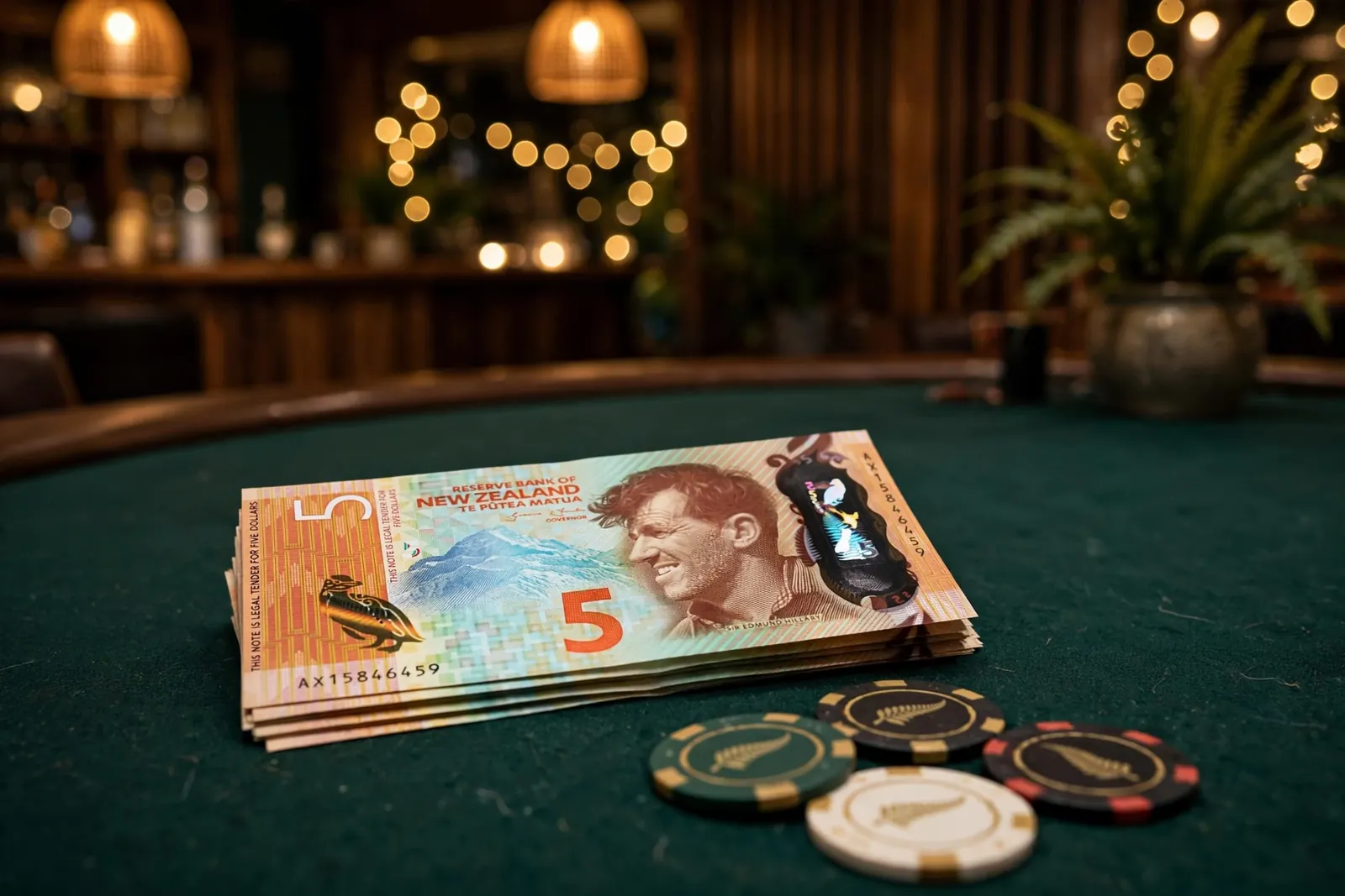 Small stack of NZ five-dollar notes with poker chips on a green casino table