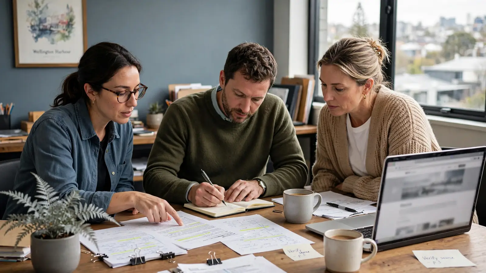 Editorial team reviewing casino operator documents in a New Zealand office.