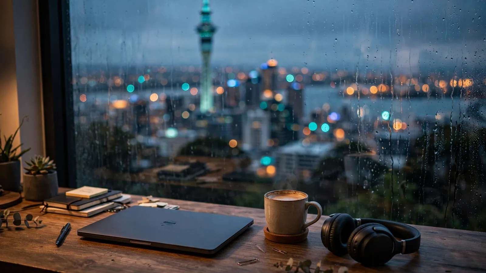 Modern software developer desk in Auckland with Sky Tower view at evening.