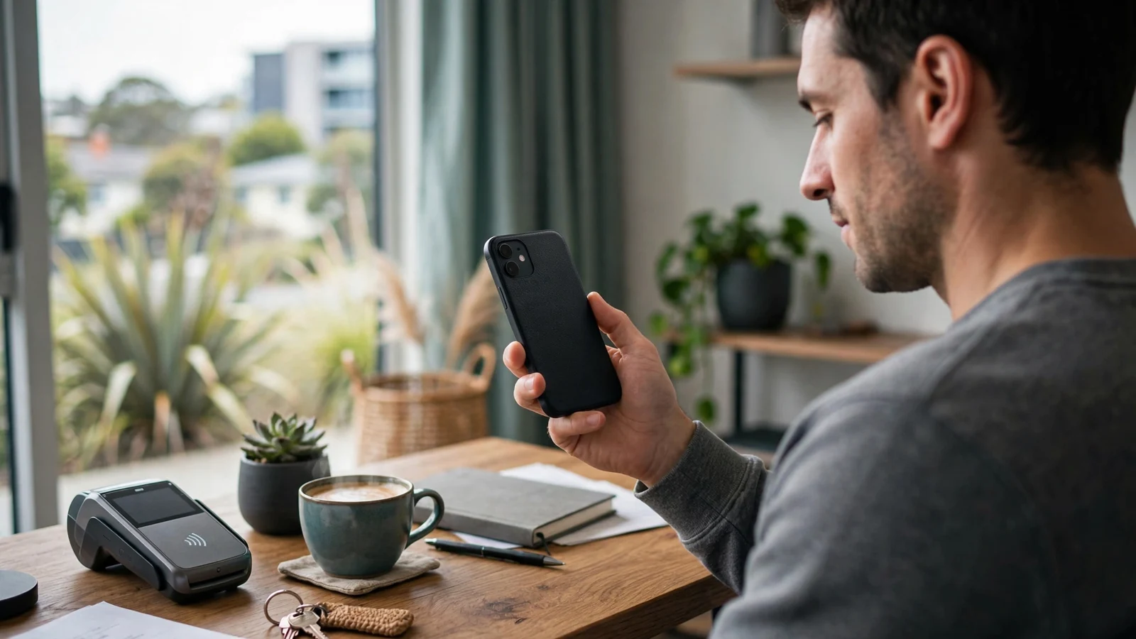 Person in a modern New Zealand apartment holding a smartphone with contactless payment on the desk