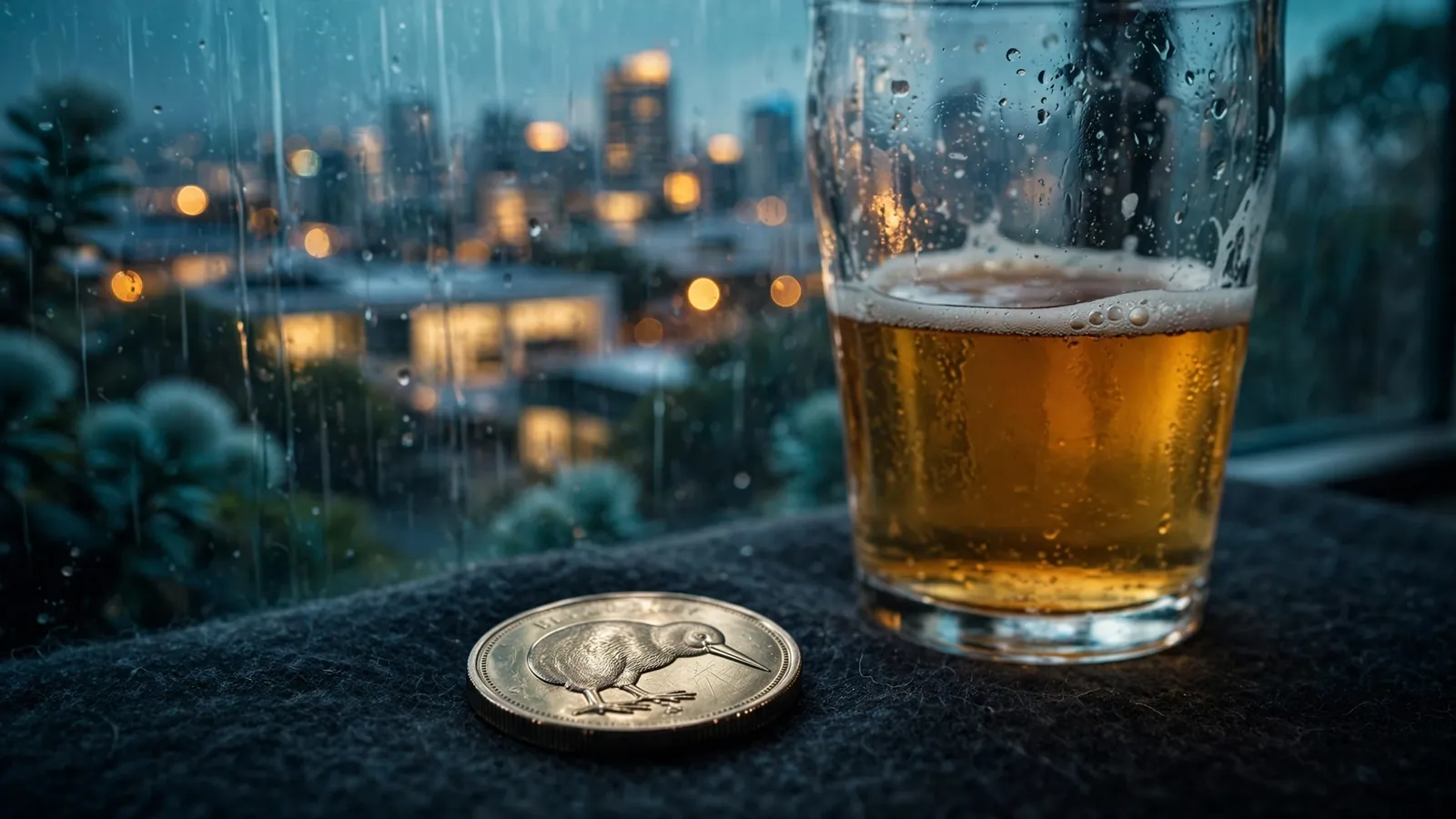 Coin on felt with blurred Auckland skyline through rainy window, New Zealand