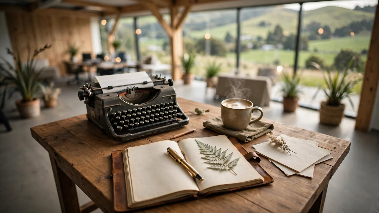 New Zealand editorial desk with typewriter, notebook, and flat white coffee