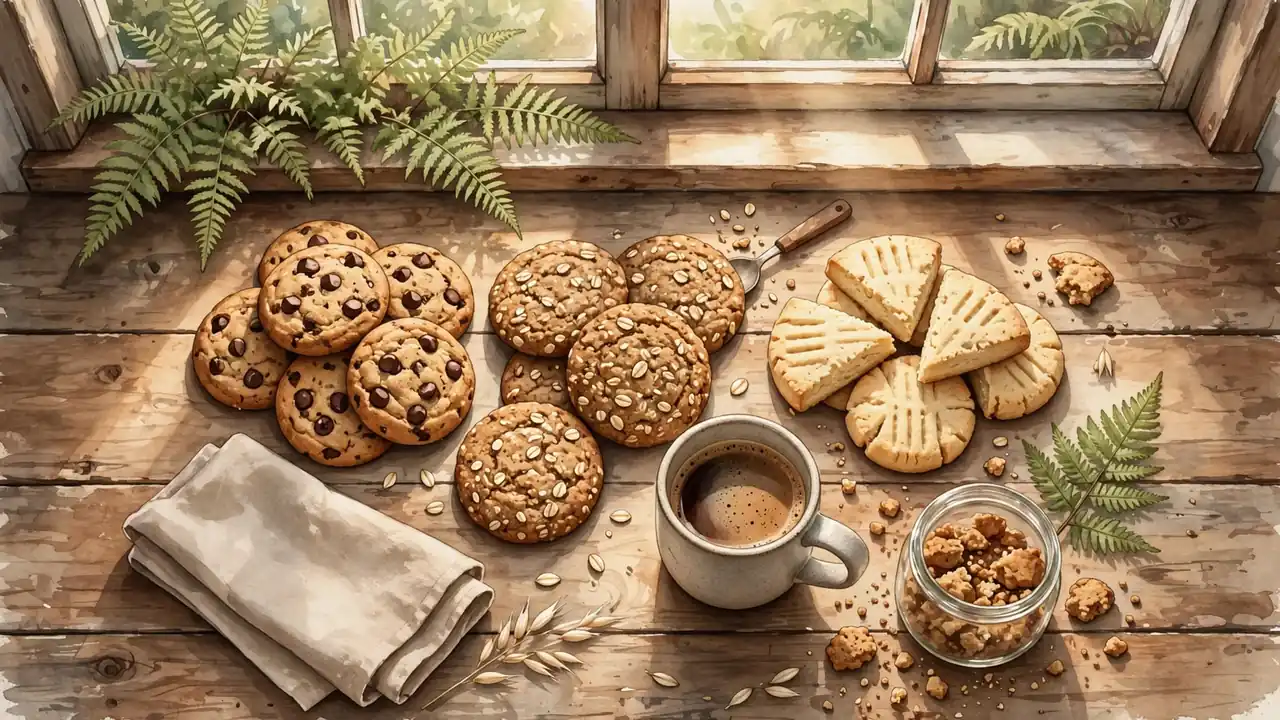 Flat-lay of assorted homemade cookies on a rustic wooden table in a sunlit New Zealand kitchen.
