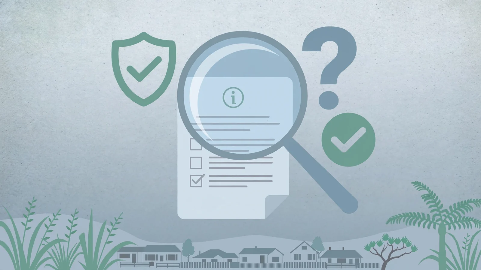 Illustration of a magnifying glass over an informational document with abstract legal and information symbols.