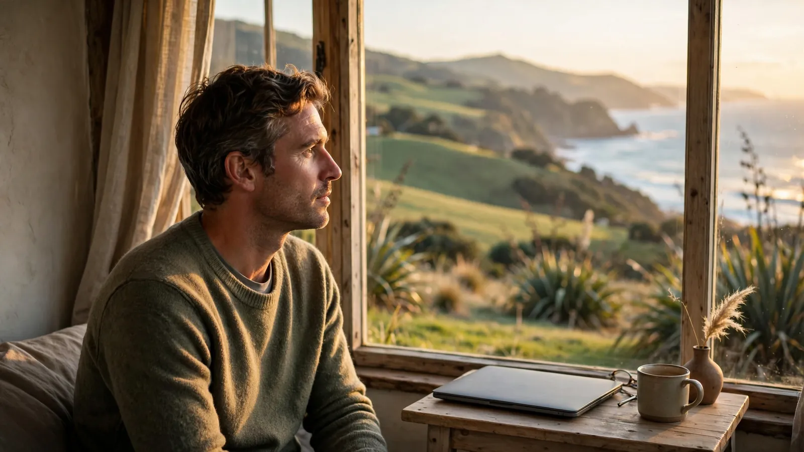 Person on a New Zealand coast looking outward with a closed laptop nearby