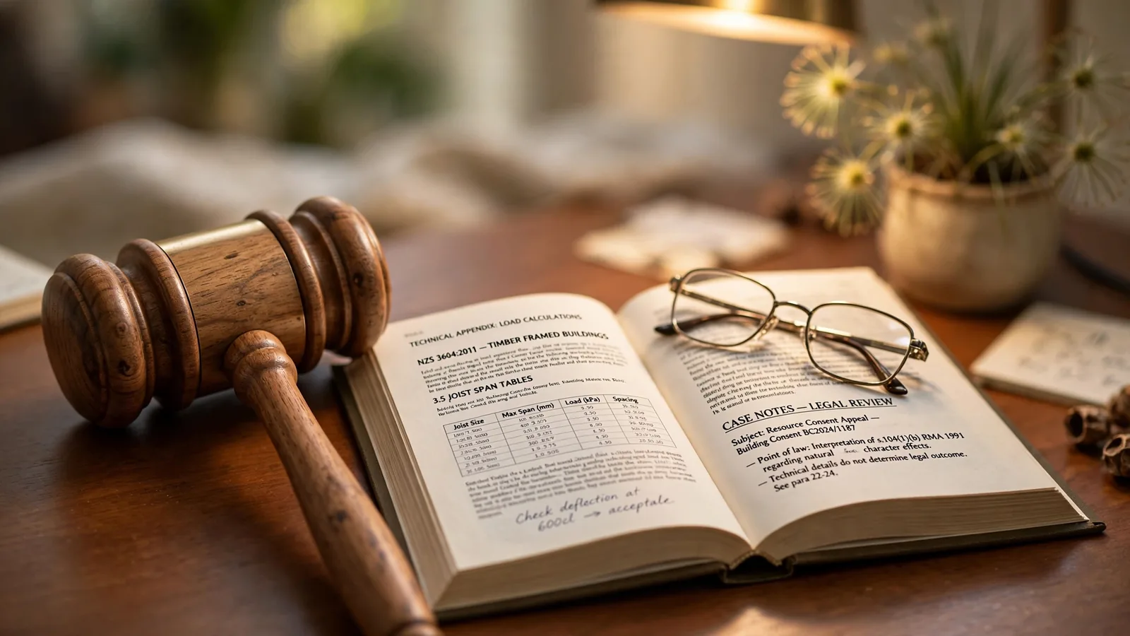 Wooden gavel beside an open book and folded reading glasses on a desk
