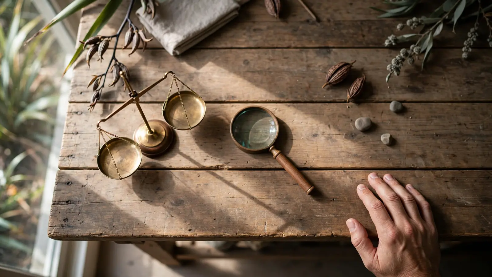 Overhead view of a workbench with a magnifying glass and a small brass scale