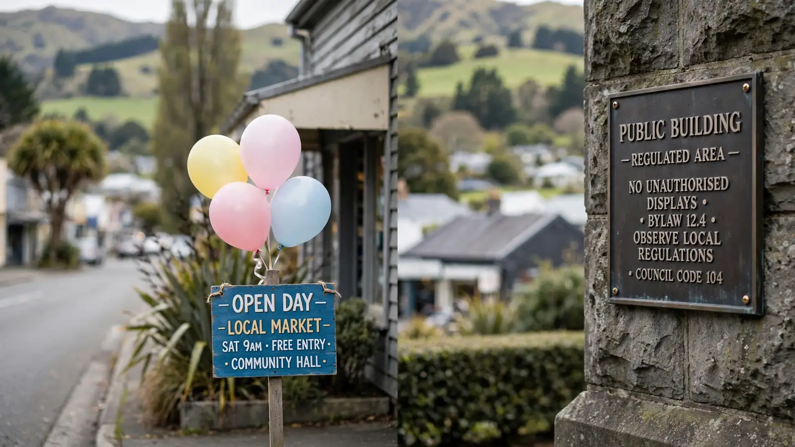 Split scene of a festive promotional sign and a sober regulatory plaque in a New Zealand town