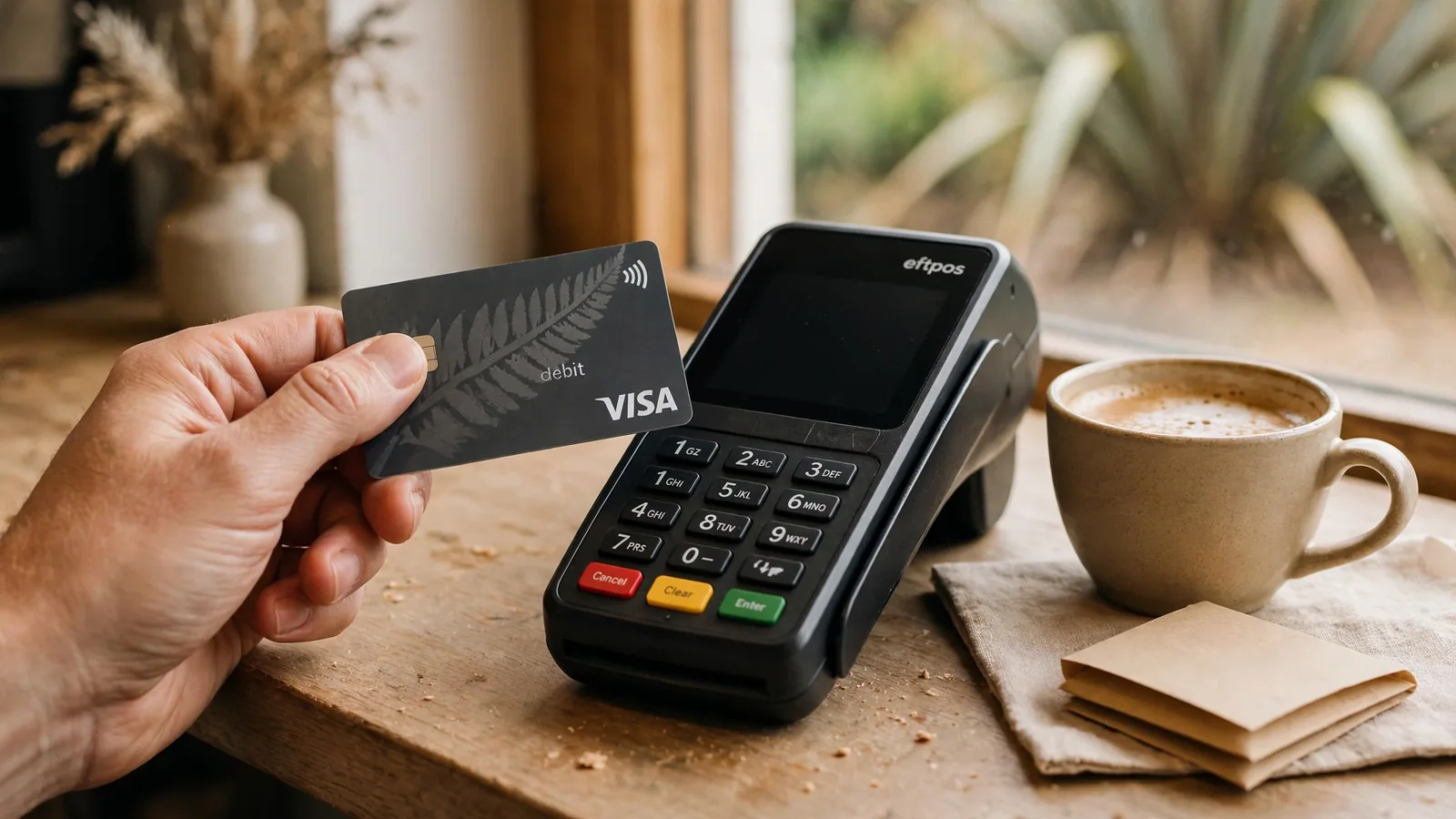 Hand holding a New Zealand EFTPOS card near a payment terminal at a café counter