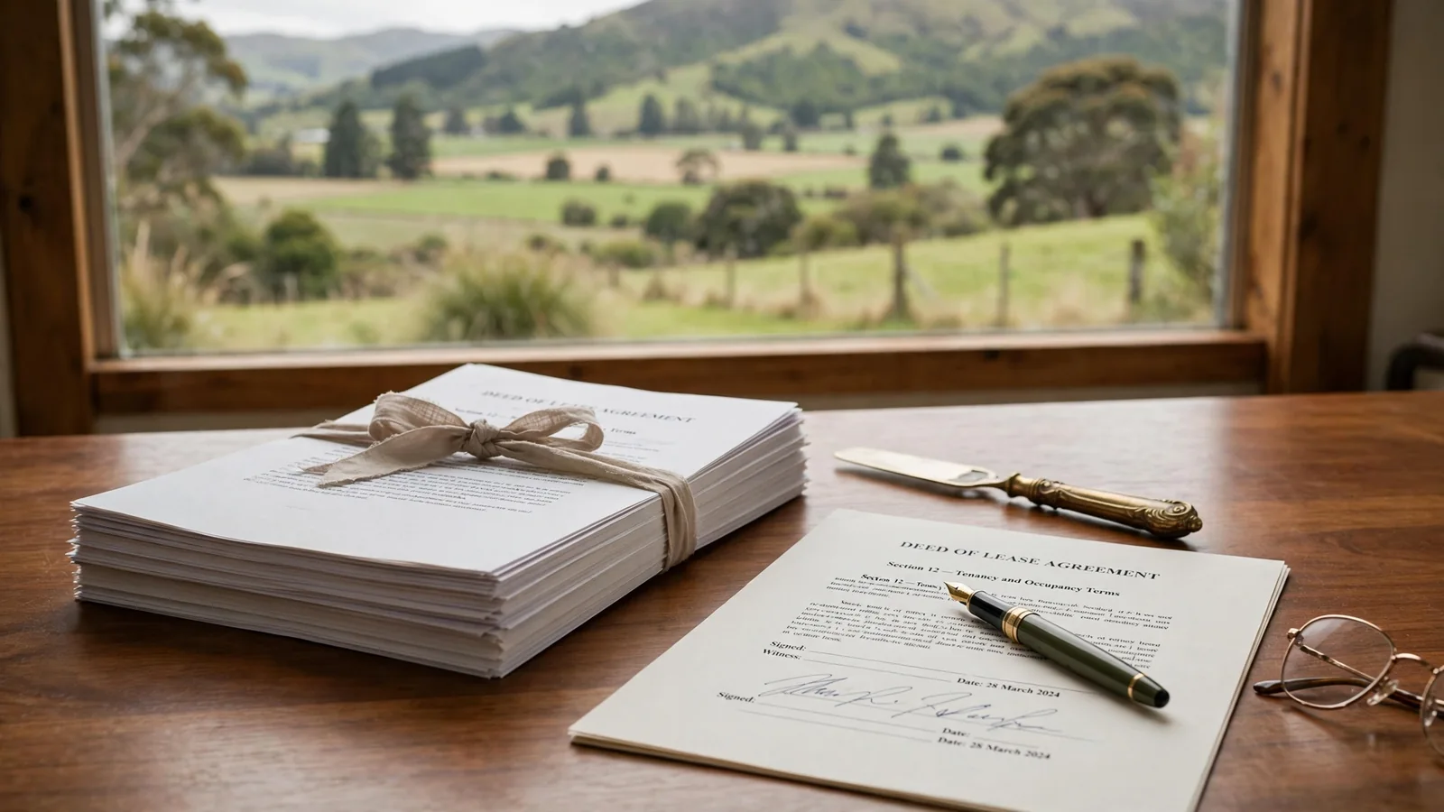 Legal documents, pen and glasses on a wooden desk