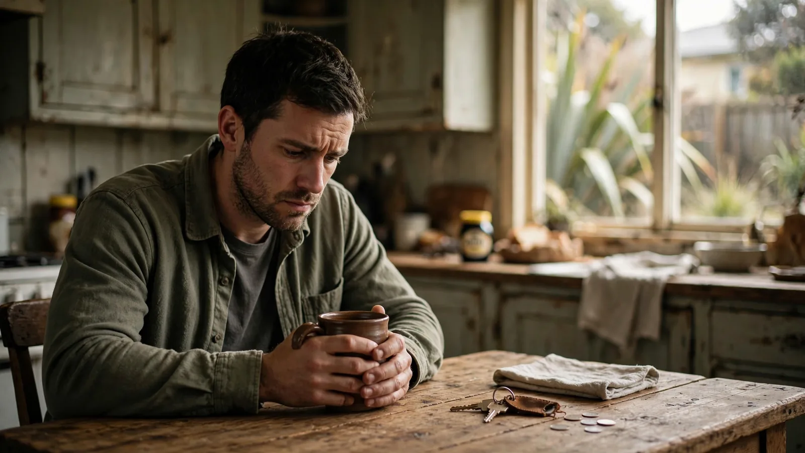 Worried man reflecting alone at kitchen table about gambling habits