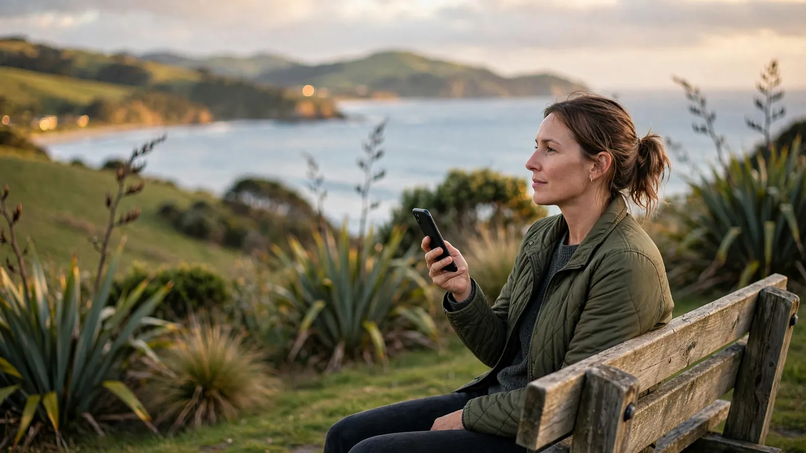 Person holding a phone on a quiet New Zealand coastline, symbolizing online privacy.