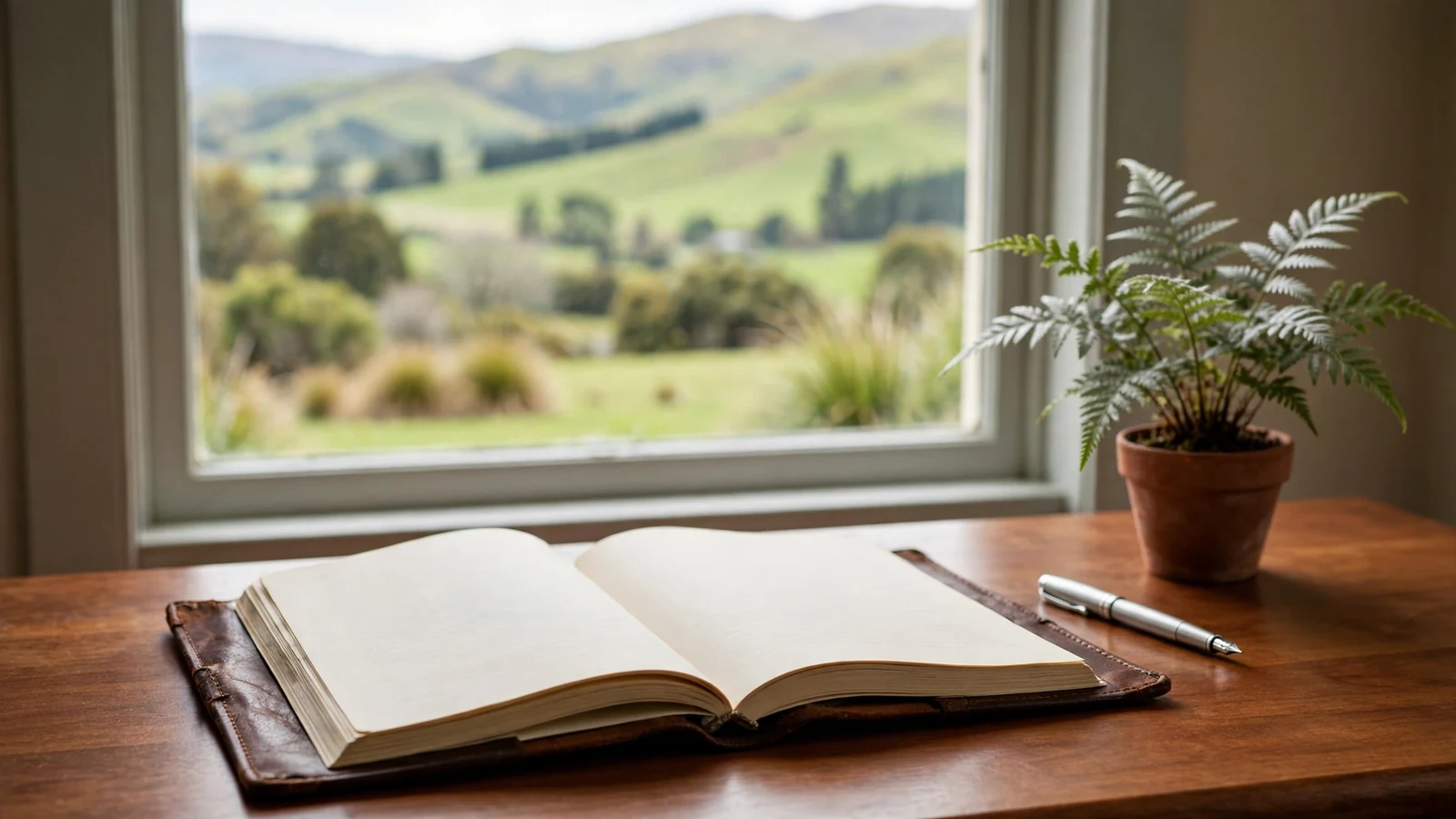 Terms of Use document on a desk with silver fern and New Zealand hills view